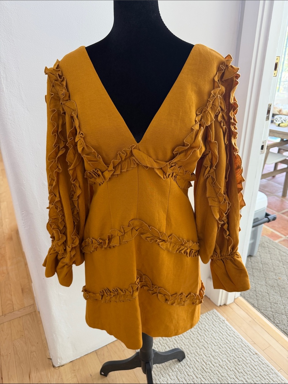 C/MEO Collective Mustard Ruffle V‑Neck Mini Dress